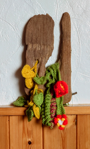 Crocheted succulent cacti on driftwood.
